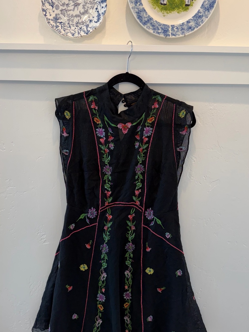 Free People Black Mini Dress with Multicolor Floral Embroidery